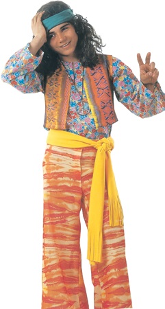 hippie man oranje - Wilaert, verkleedkledij, carnavalkledij, carnavaloutfit, feestkledij, jaren 60 , r&r, sixties, hippie, flowerpower